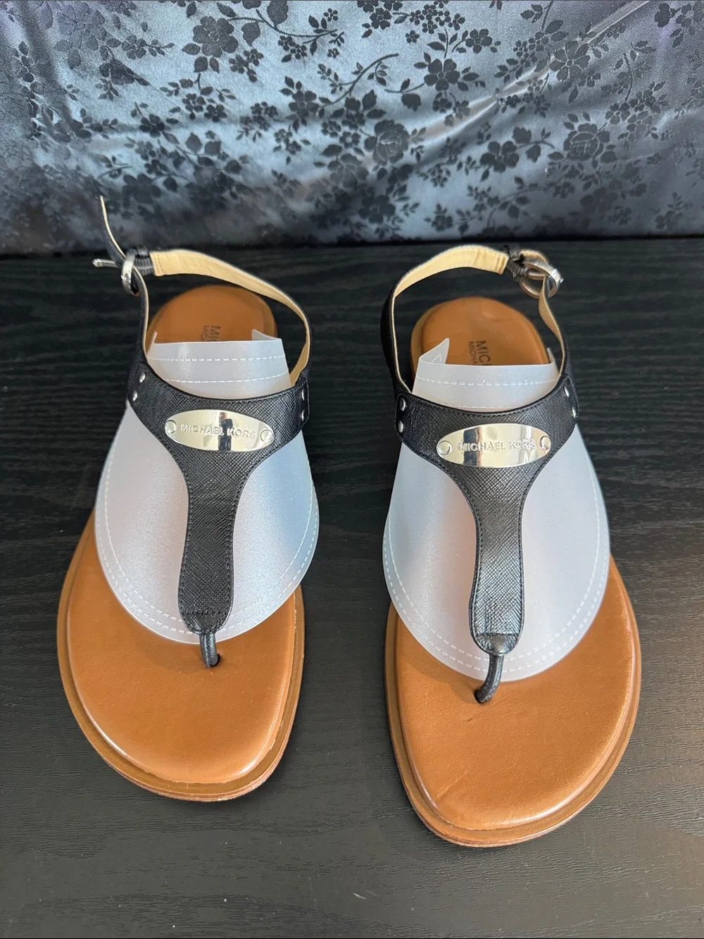 Michael Kors Black and White T-Strap Leather Sandals